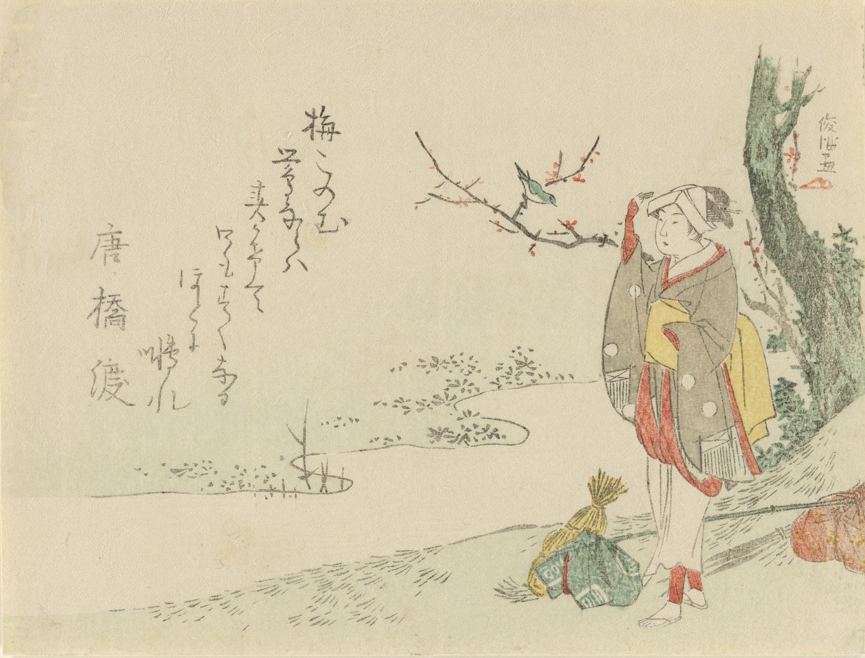 Podróżująca kobieta zatrzymuje się, by posłuchać gajówki, 1797. autorstwa Kubo Shunman