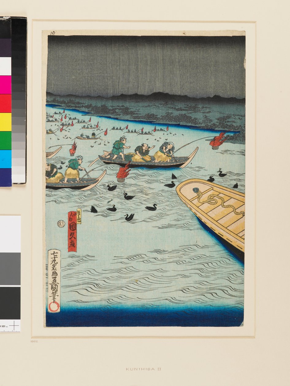 Wędkowanie z kormoranami nocą autorstwa Kunihisa II Utagawa