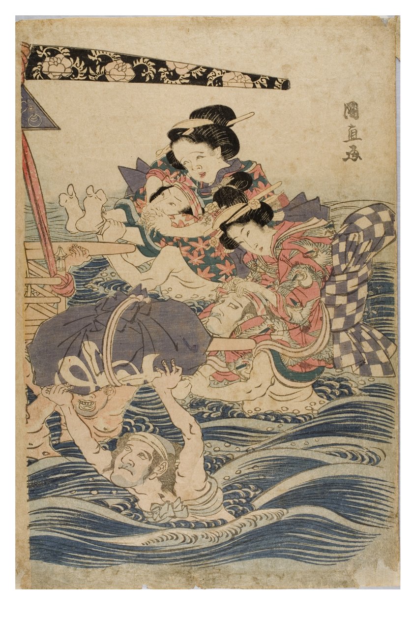 Wiosenna scena podróży młodych kobiet, ok. 1786-1864 (drewnodruk na papierze) autorstwa Kuninaga Utagawa