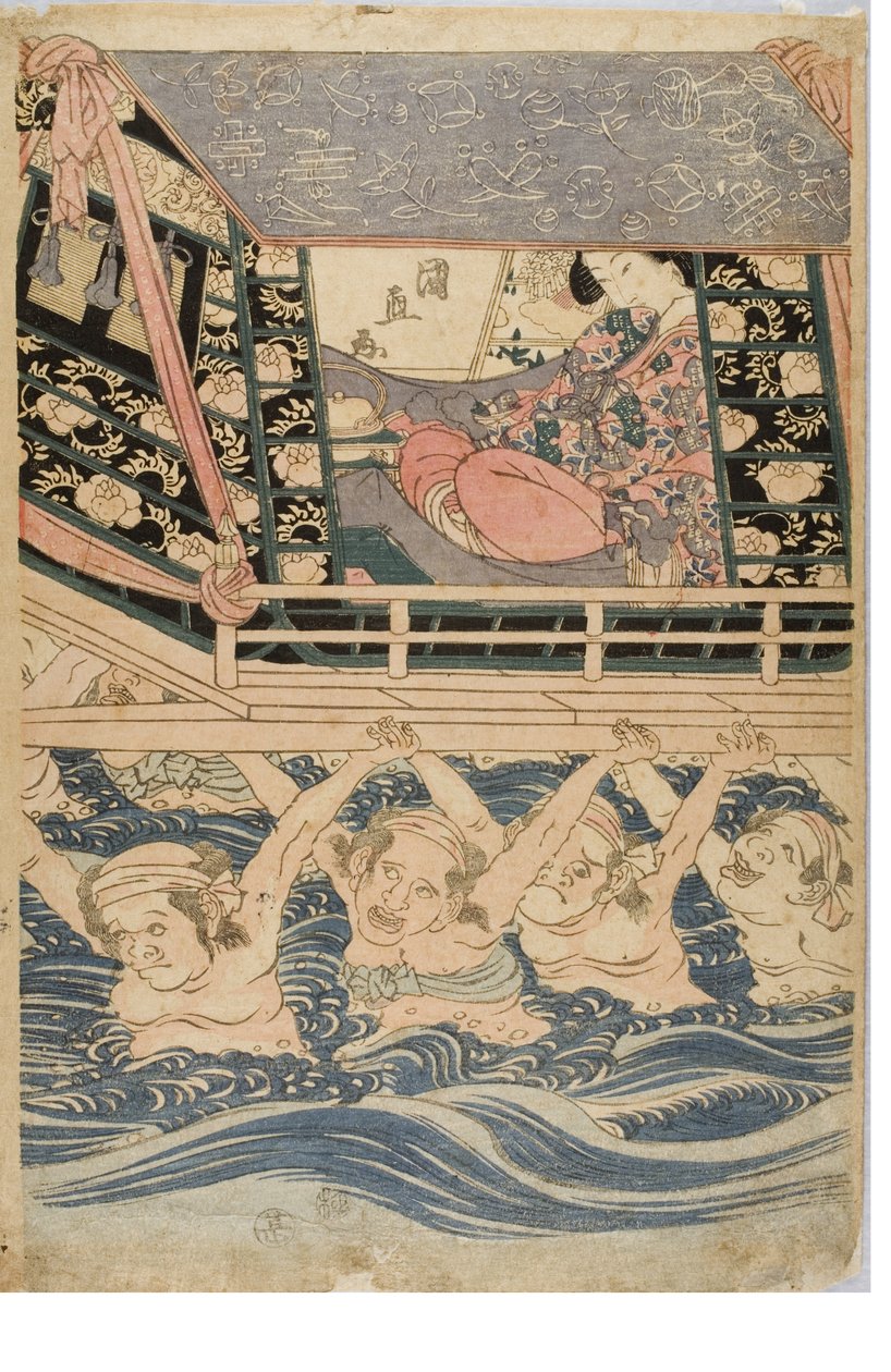Wiosenna scena podróży młodych kobiet, ok. 1786-1864 (drewnodruk na papierze) autorstwa Kuninaga Utagawa