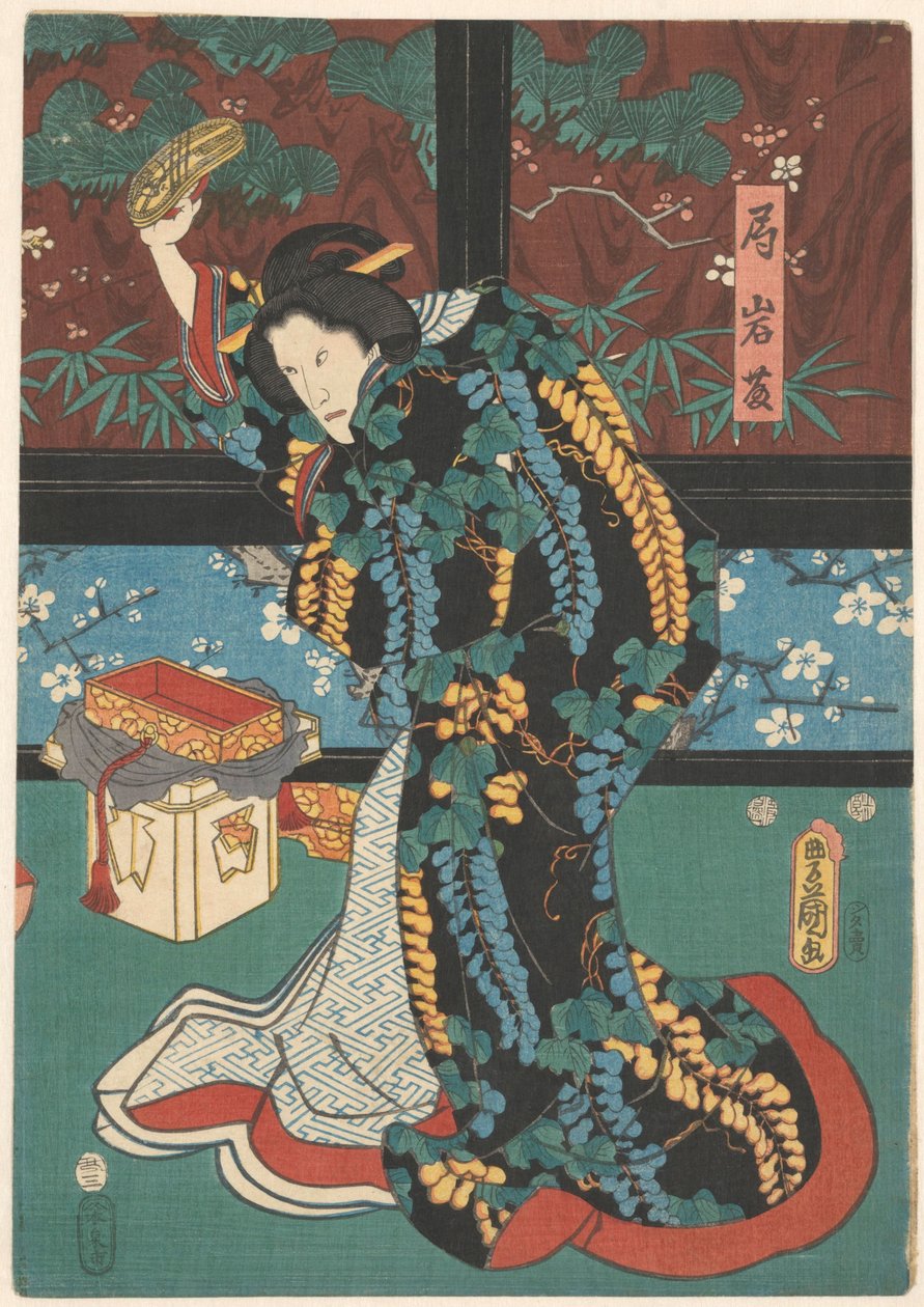 Scena ze spektaklu The Mirror Mountain Pani w czekającym Iwafuji z sandałami w dłoni autorstwa Kunisada (I) , Utagawa