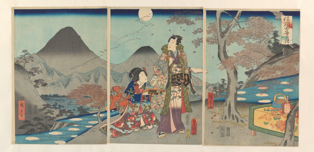 Księżyc odbity w polach ryżowych Shinano Shinshû tagoto no tsuki (tytuł na obiekcie) autorstwa Kunisada (II) , Utagawa