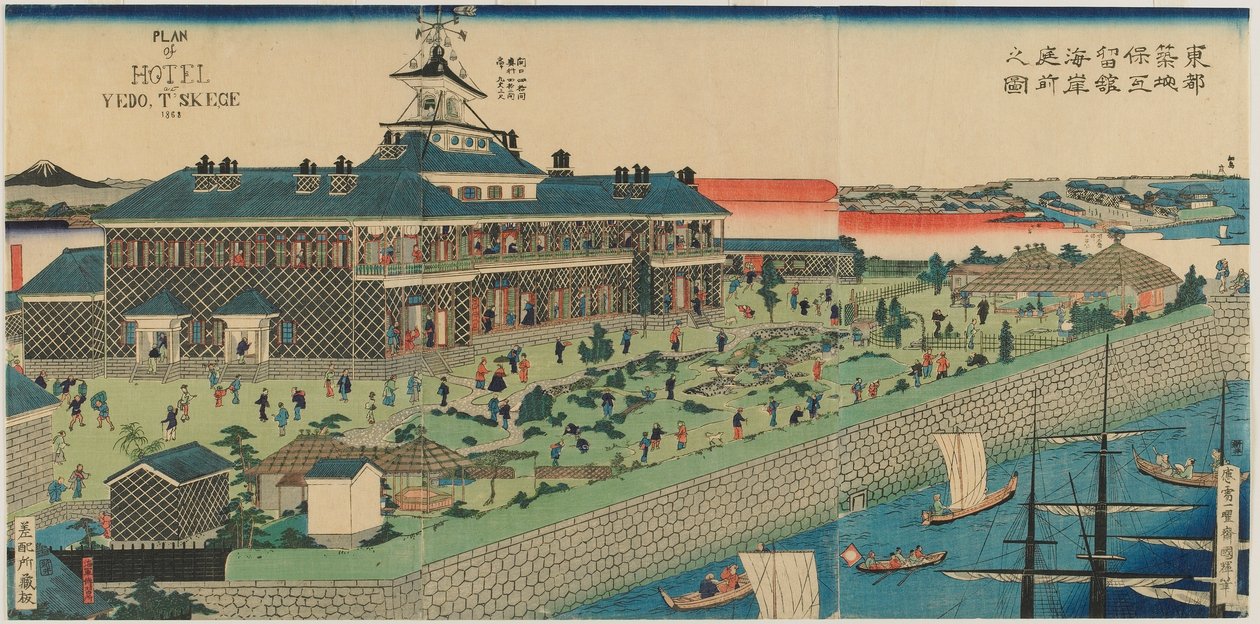 Nadmorski ogród hotelu Tsukiji we wschodniej stolicy, epoka Meiji, 1868 (kolorowy drzeworyt) autorstwa Kuniteru II Utagawa