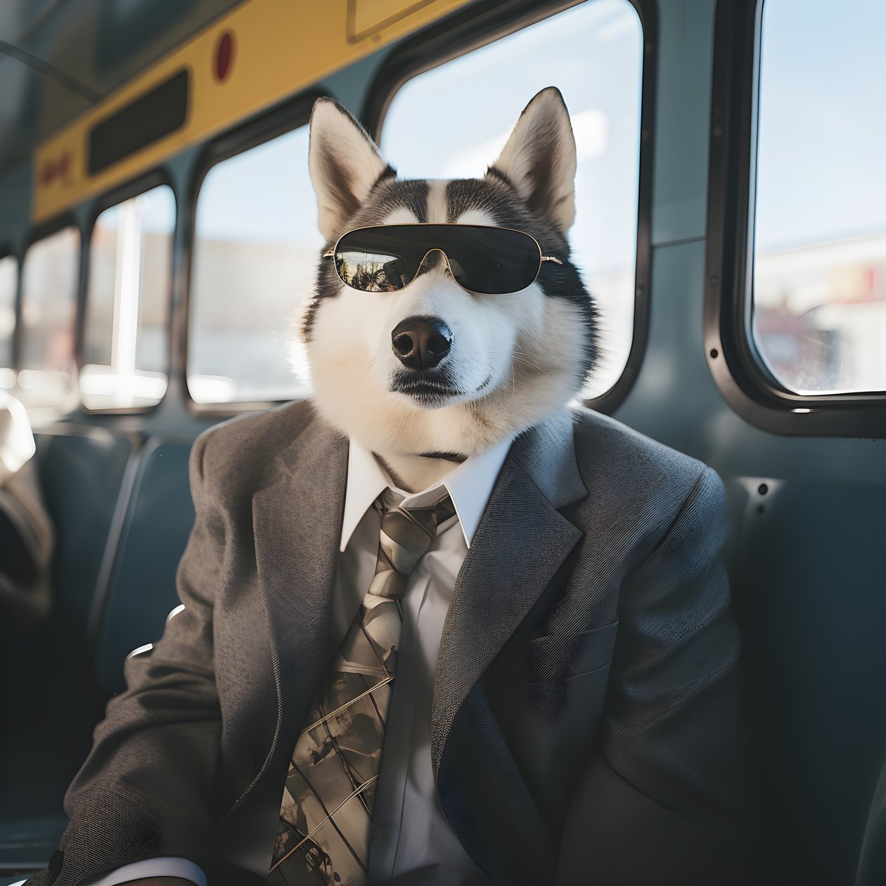 Siperianhusky-koira puvussa ja aurinkolaseissa linja-autoasemalla, kuin herrasmies 2polish autorstwa Kurt Heppke