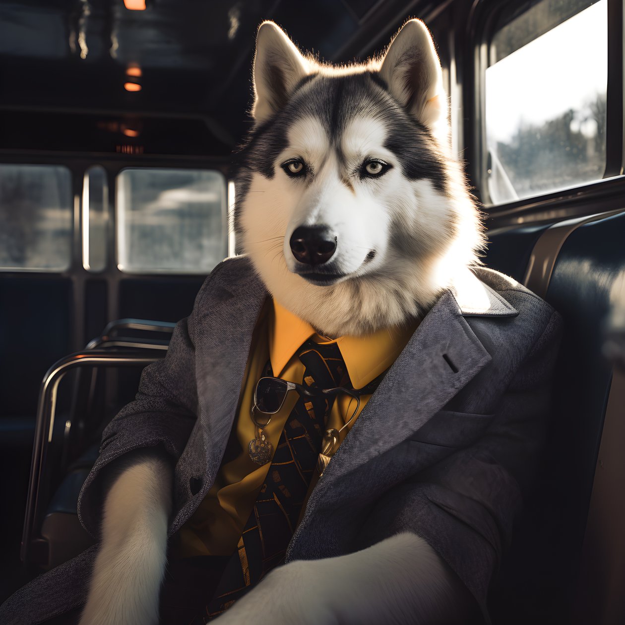 Pies Siberian Husky w garniturze i okularach przeciwsłonecznych na dworcu autobusowym, jak dżentelmen 4 autorstwa Kurt Heppke