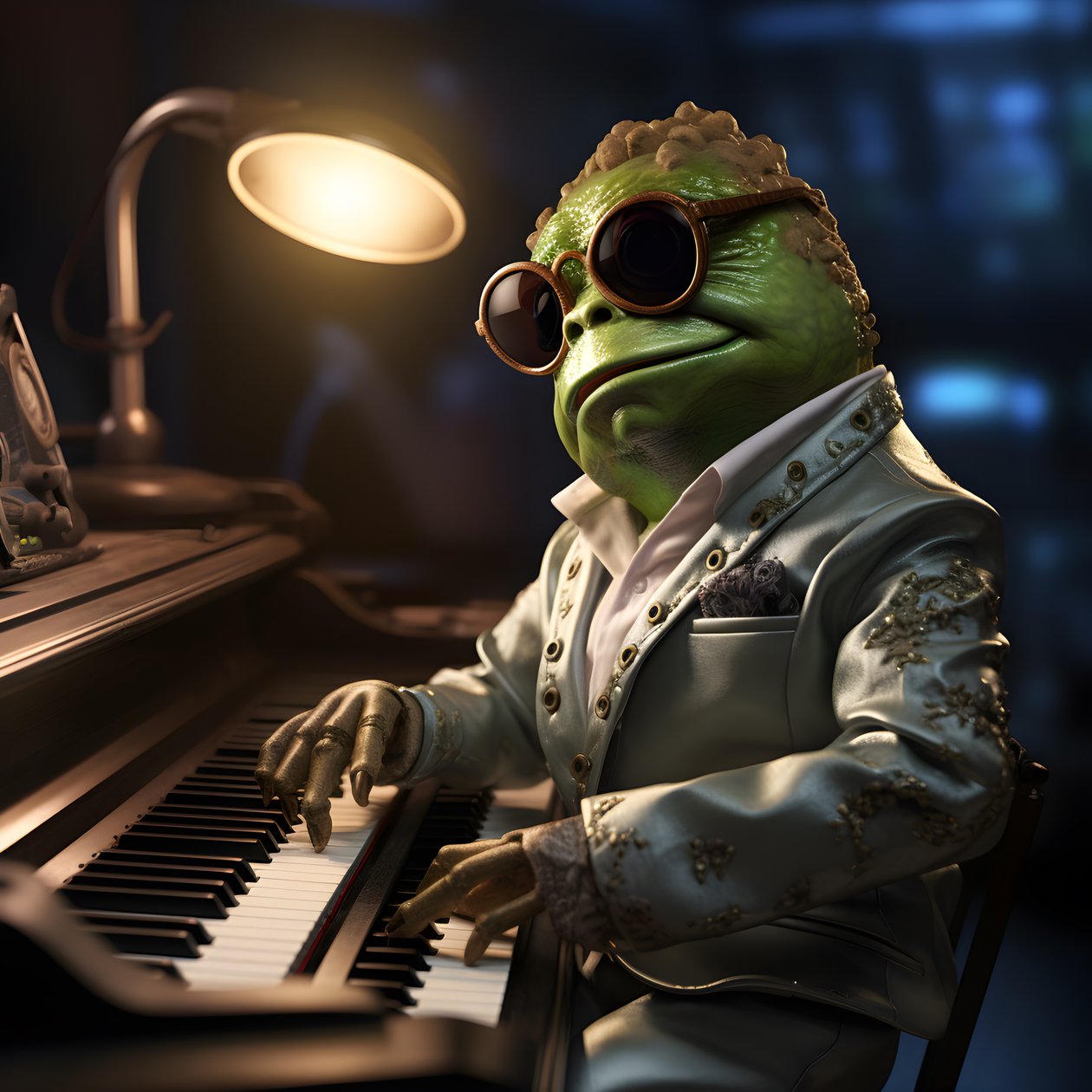 Elton John jako żaba z okularami przeciwsłonecznymi i pianinem 1 autorstwa Kurt Heppke