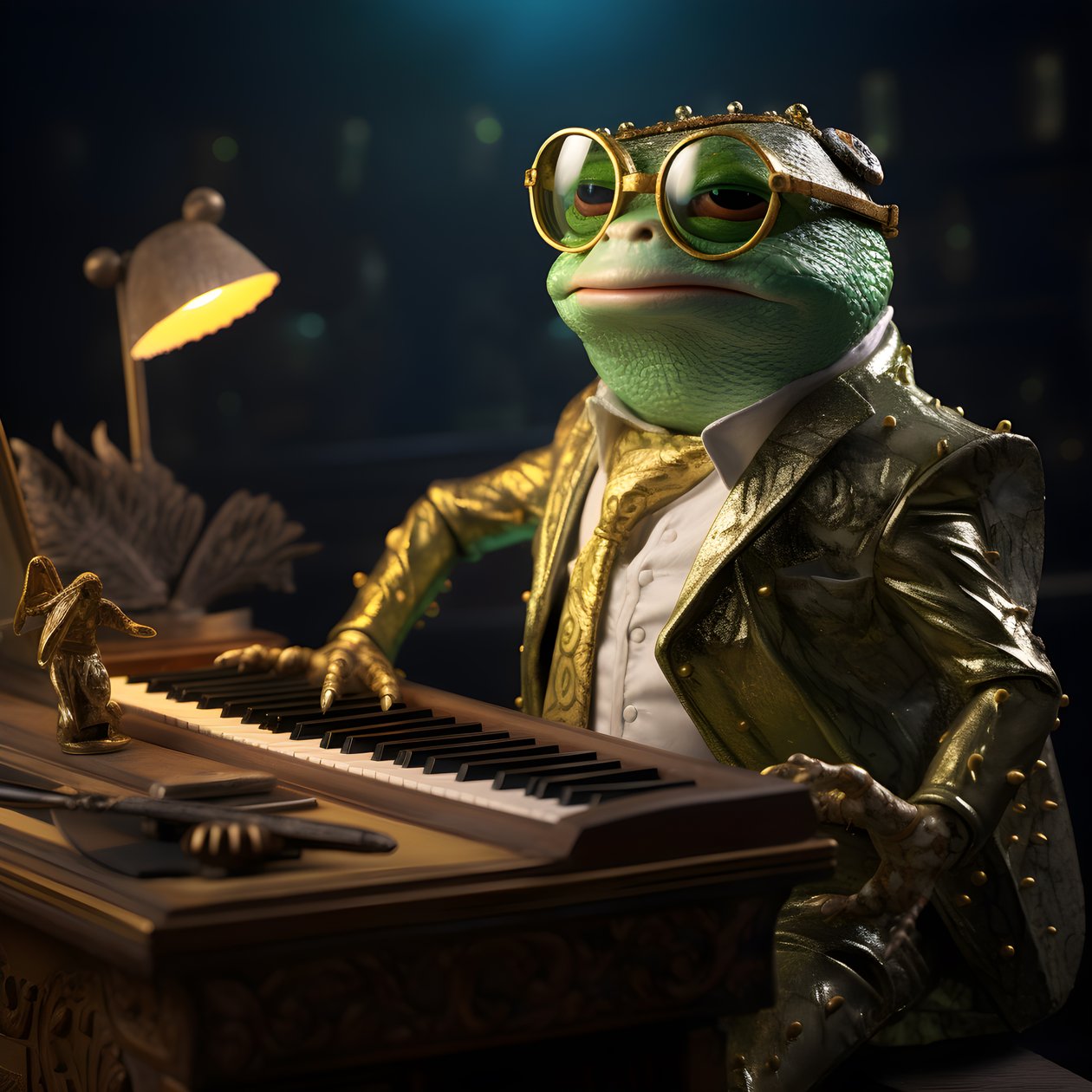 Elton John jako żaba z okularami przeciwsłonecznymi i pianinem 3 autorstwa Kurt Heppke