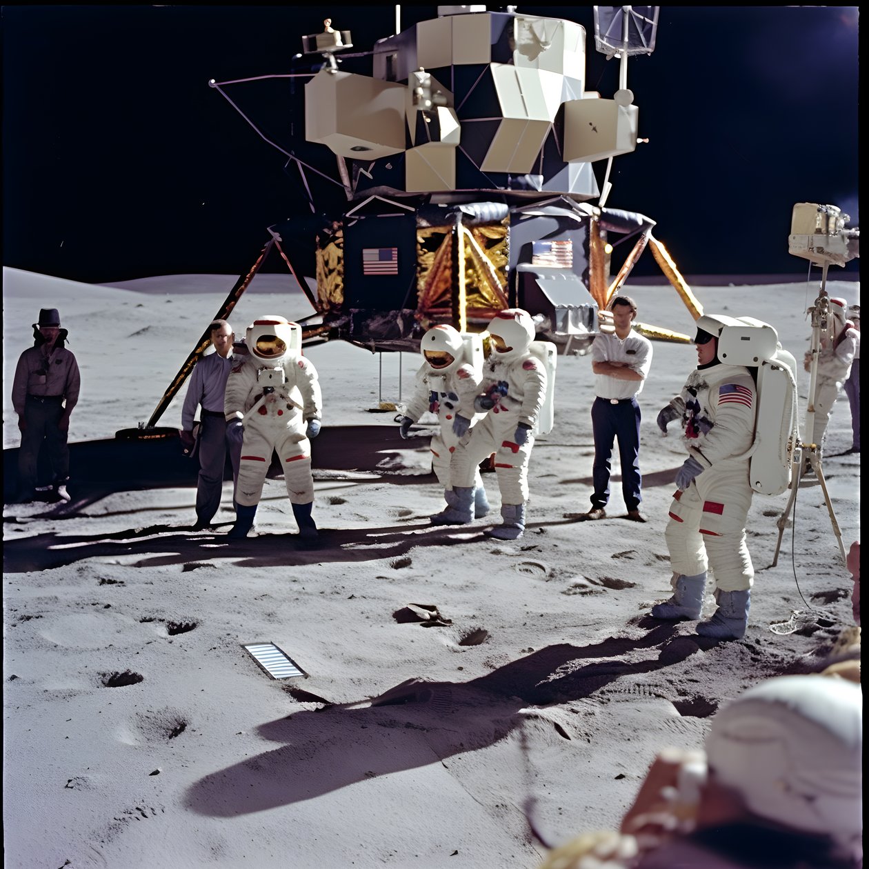 Grupa osób z kamerą telewizyjną pokazującą fałszywy projekt Apollo 11 1 autorstwa Kurt Heppke