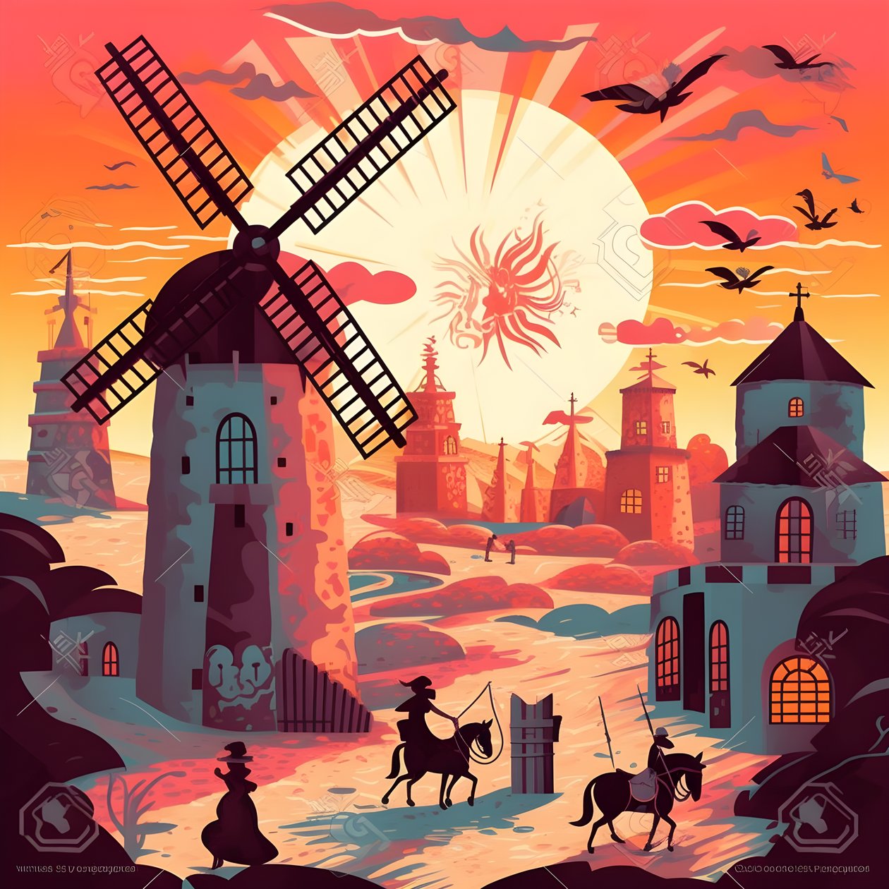Tausta Don Quijote äärioikealla aasillaan, joka on niin pieni kuin varjo, tuulimyllyjen edessä, sopiva tausta 2polish autorstwa Kurt Heppke