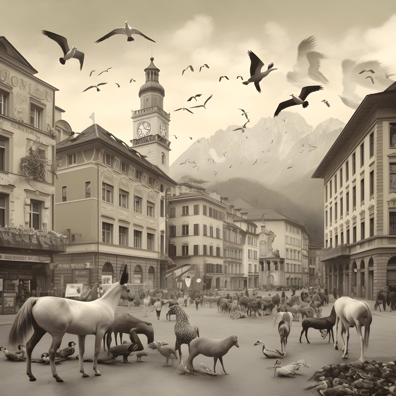 Innsbruck na starej fotografii z eleganckimi zebrami, mewami, małpami i glinianymi figurkami. 1 autorstwa Kurt Heppke