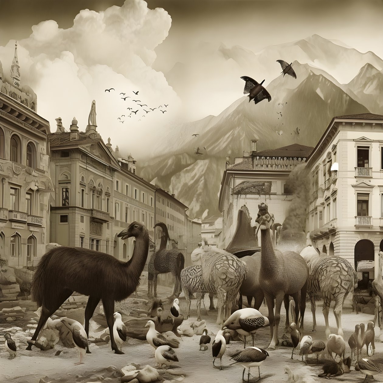 Innsbruck na starej fotografii z eleganckimi zebrami, mewami, małpami i glinianymi figurkami. 3 autorstwa Kurt Heppke