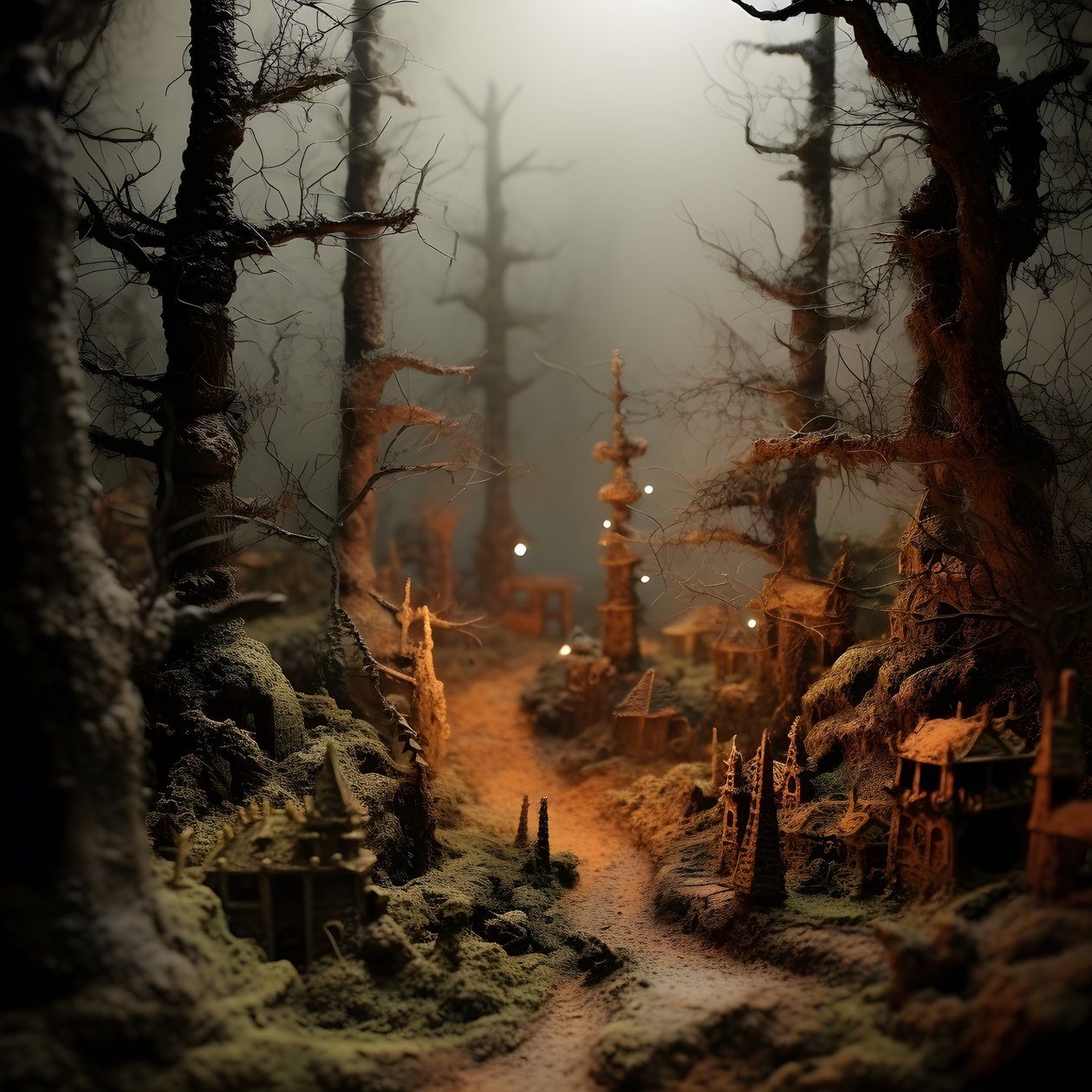 Miniaturowy Halloweenowy las typu tilt-shift z zamglonymi drzewami i upiorną atmosferą 4 autorstwa Kurt Heppke