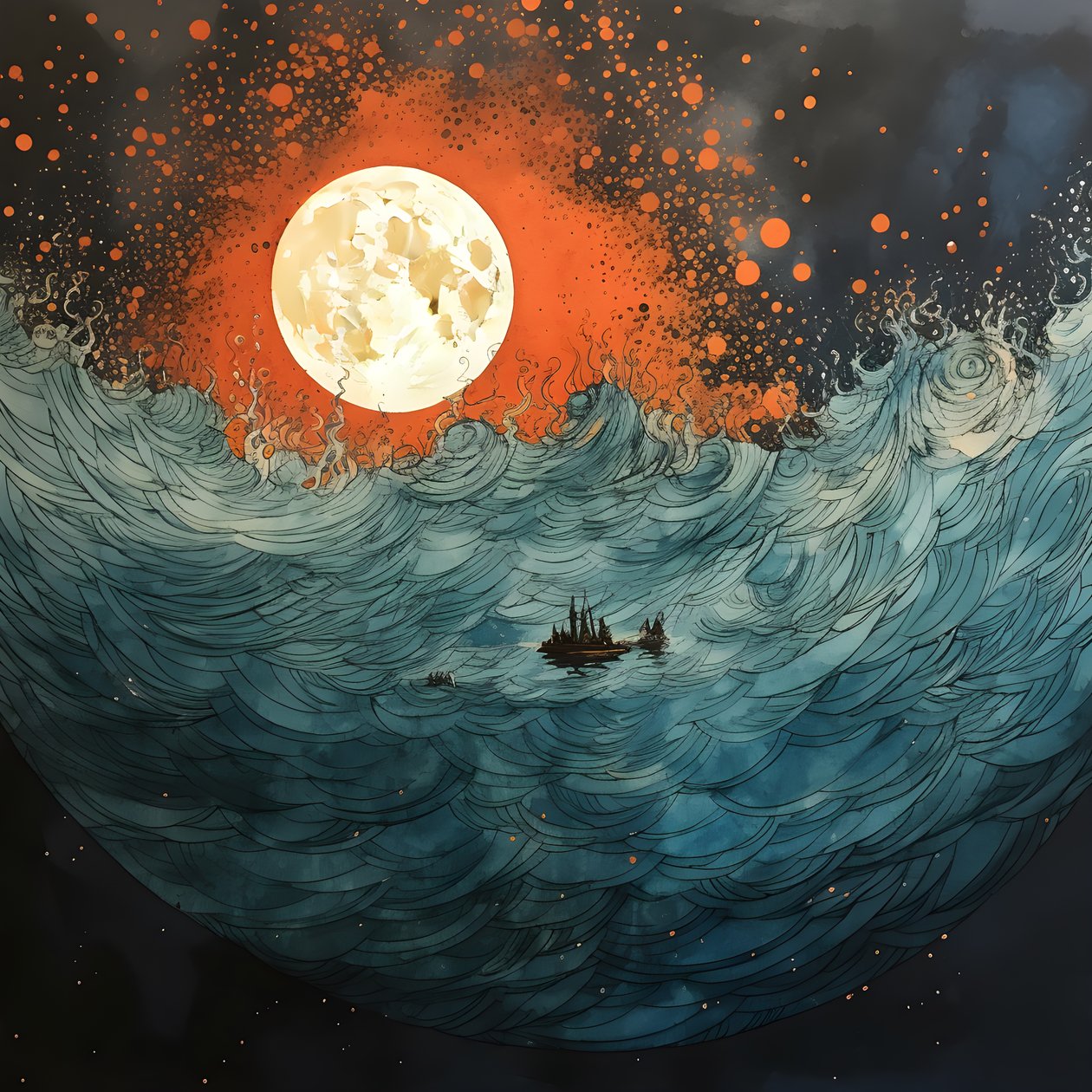 Dwie łodzie płynęły cicho po atramentowej wodzie w kierunku wirującej Charybdy, księżyca w pełni, jedynego światła w pustym świecie Morza Północnego. 1 autorstwa Kurt Heppke