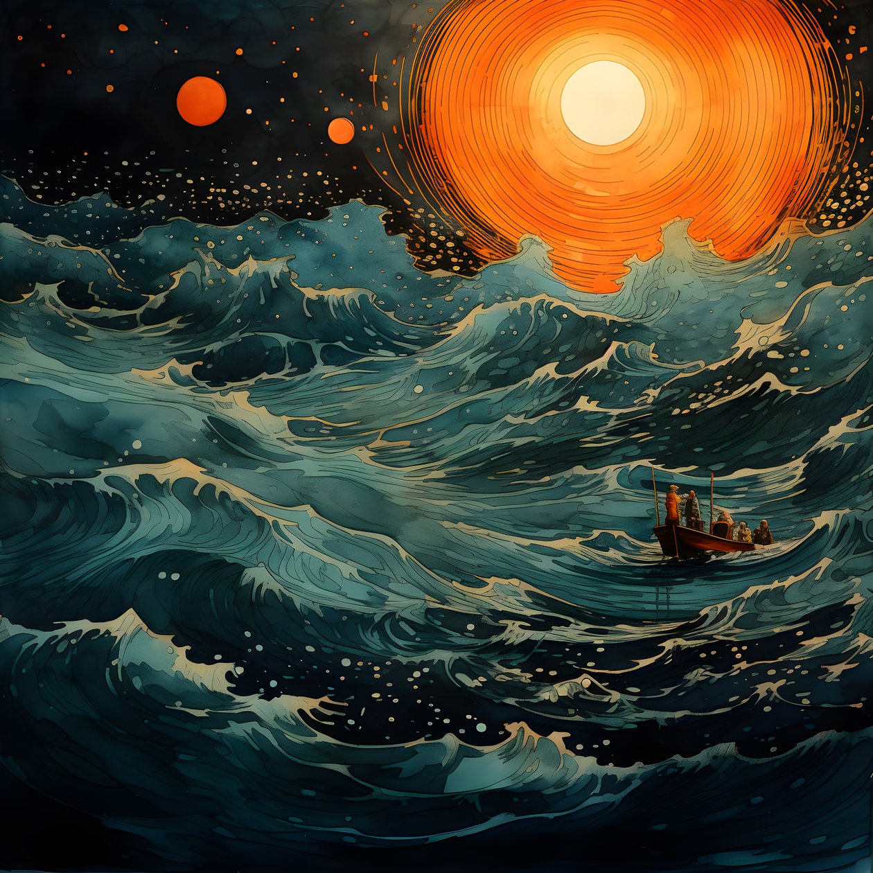 Dwie łodzie płynęły cicho po atramentowej wodzie w kierunku wirującej Charybdy, księżyca w pełni, jedynego światła w pustym świecie Morza Północnego. 3 autorstwa Kurt Heppke