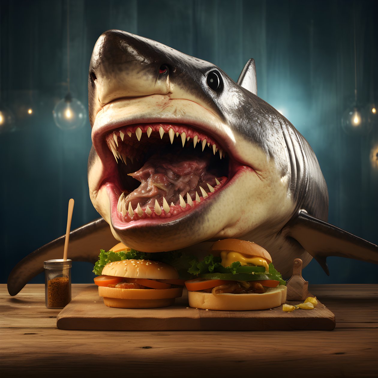 duży cheeseburger z głową rekina z wołowiną na desce 3 autorstwa Kurt Heppke