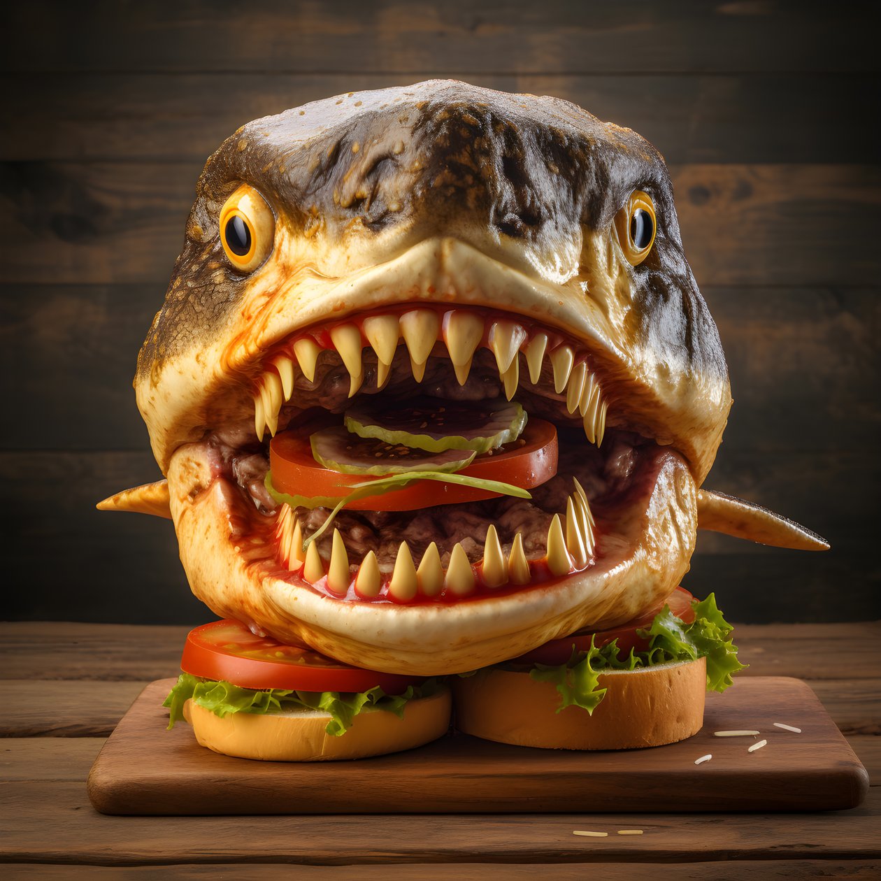 duży cheeseburger z głową rekina z wołowiną na desce 4 autorstwa Kurt Heppke