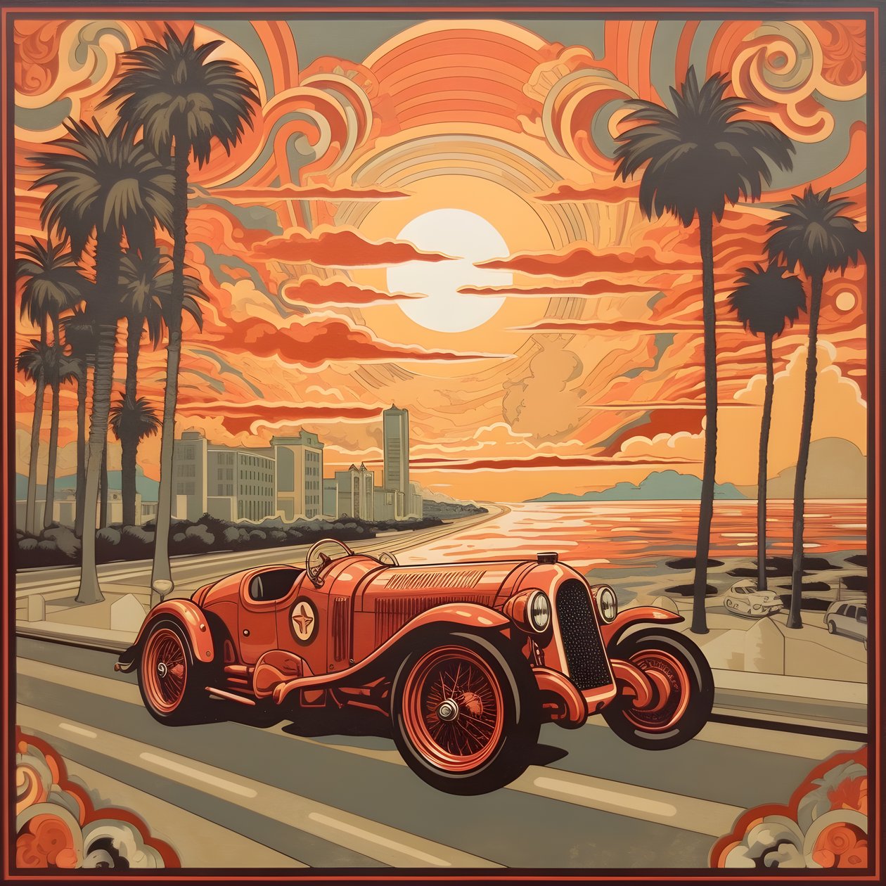 piękne, eleganckie, minimalistyczne, pikowane arcydzieło w stylu artystycznym Sheparda Fairey::1 upamiętniające Grand Prix Monako 1940, rywalizujące ze sobą historyczne samochody wyścigowe. 1 autorstwa Kurt Heppke