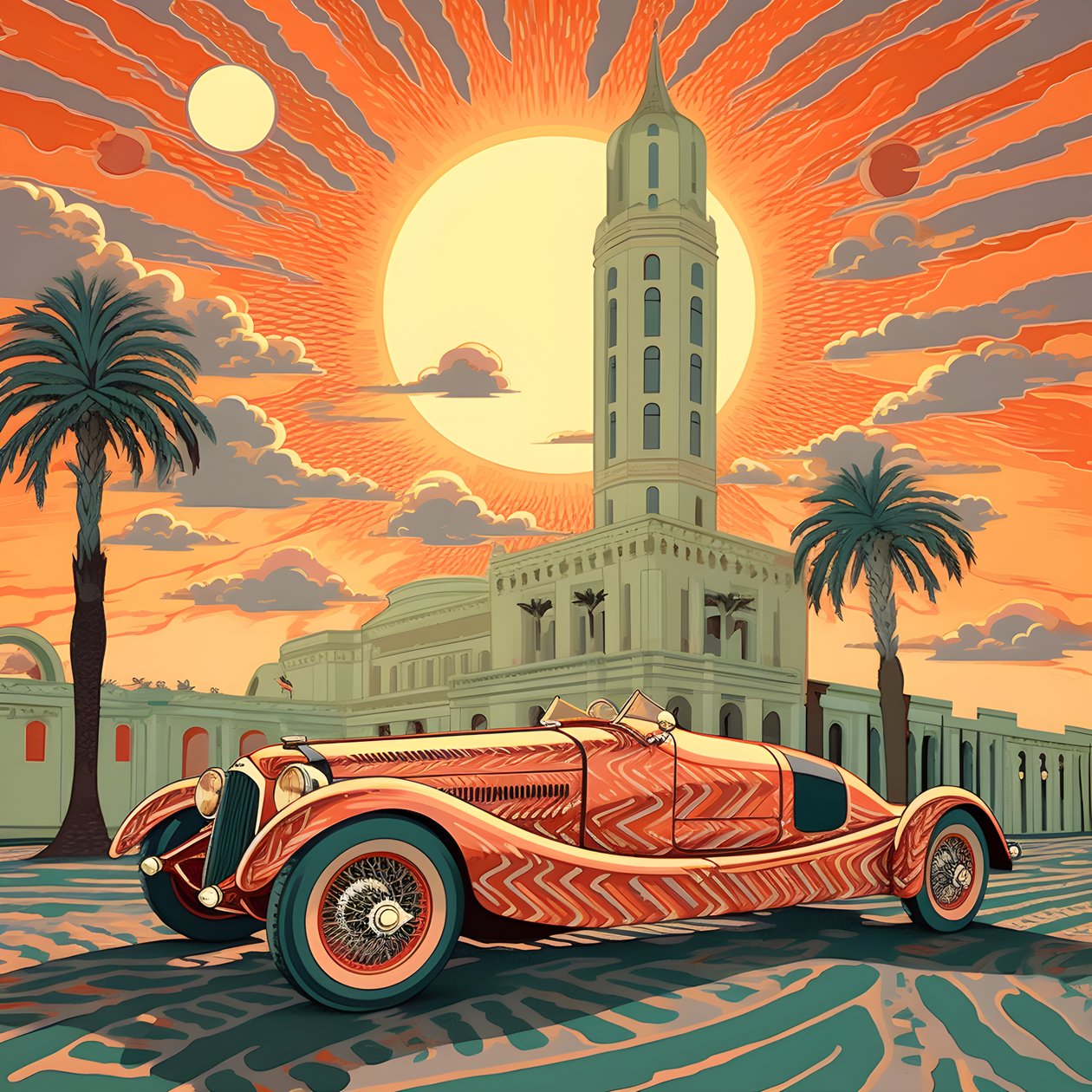 piękne, eleganckie, minimalistyczne, pikowane arcydzieło w stylu artystycznym Sheparda Fairey::1 upamiętniające Grand Prix Monako 1940, rywalizujące ze sobą historyczne samochody wyścigowe. 2 autorstwa Kurt Heppke