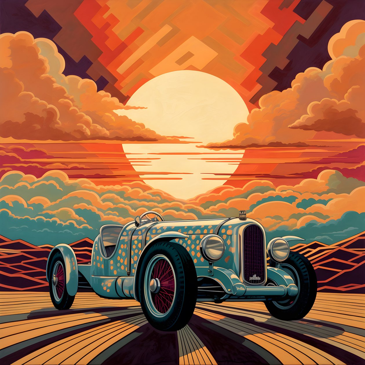 piękne, eleganckie, minimalistyczne, pikowane arcydzieło w stylu artystycznym Sheparda Fairey::1 upamiętniające Grand Prix Monako 1940, rywalizujące ze sobą historyczne samochody wyścigowe. 3 autorstwa Kurt Heppke