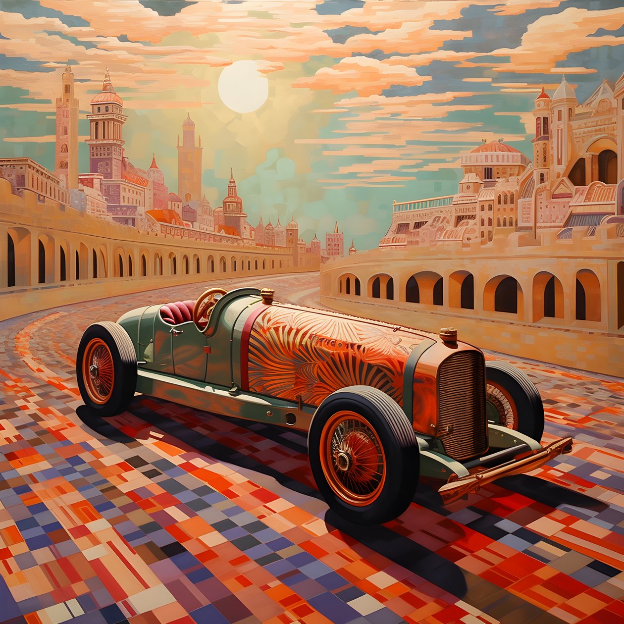 piękne, eleganckie, minimalistyczne, pikowane arcydzieło w stylu artystycznym Sheparda Fairey::1 upamiętniające Grand Prix Monako 1940, rywalizujące ze sobą historyczne samochody wyścigowe. 4 autorstwa Kurt Heppke