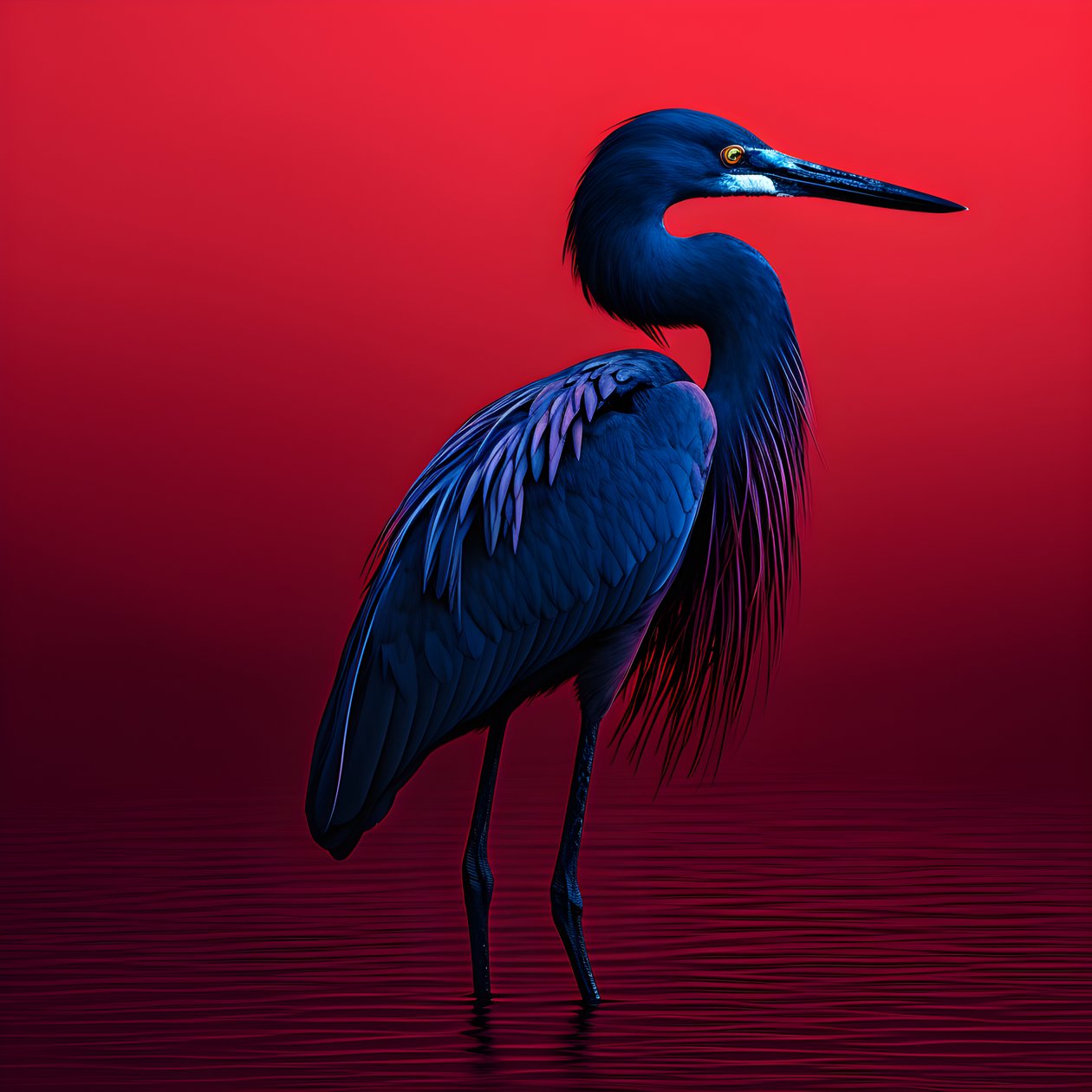 cyfrowe dzieło sztuki synthwave przedstawiające egzotyczną czaplę kobaltową na czerwonym papierze 3 autorstwa Kurt Heppke