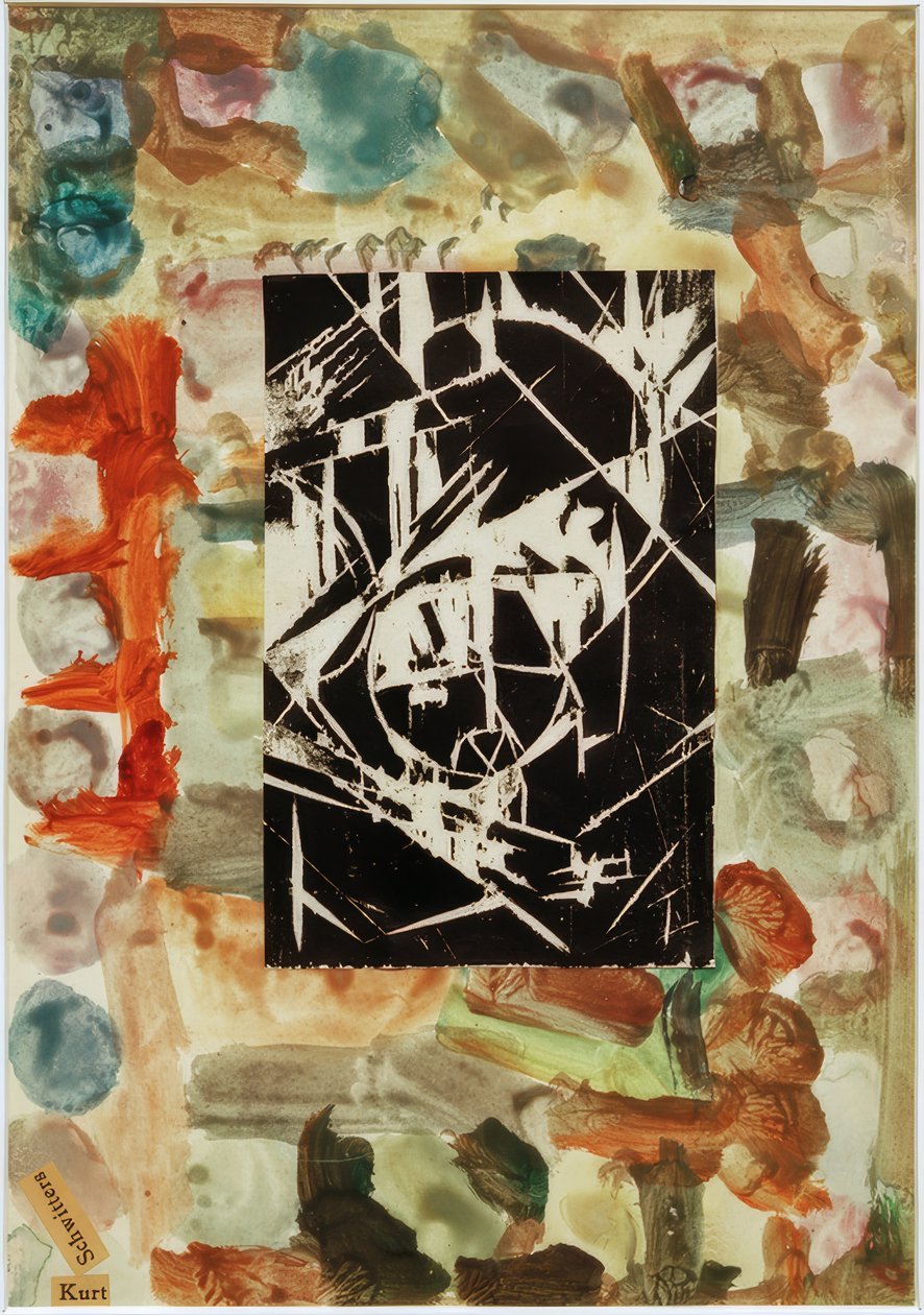 Bez tytułu (kolaż z drzeworytem na malarstwie abstrakcyjnym) autorstwa Kurt Schwitters
