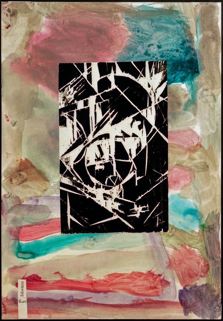 Bez tytułu (kolaż z drzeworytem na malarstwie abstrakcyjnym) autorstwa Kurt Schwitters