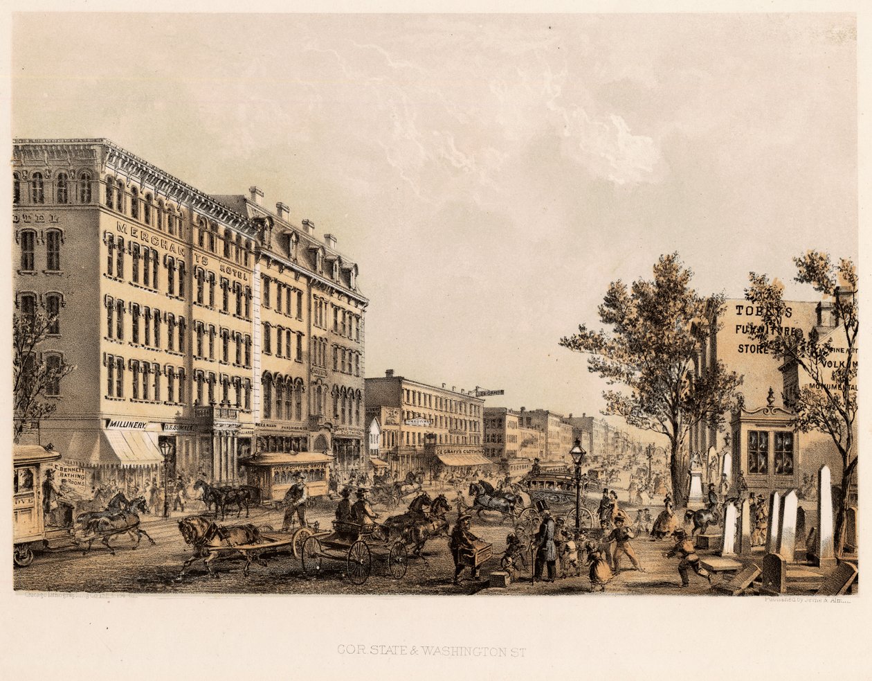 Róg ulic State i Washington Street, Chicago, c.1867 autorstwa Kurz and Allison