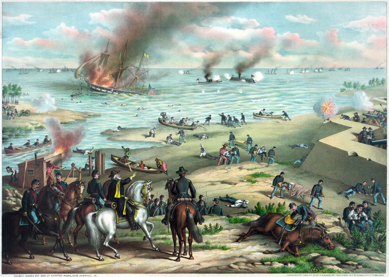 Amerykańska wojna secesyjna (1861-1865): Bitwa o Hampton Roads 8-9 marca autorstwa Kurz and Allison