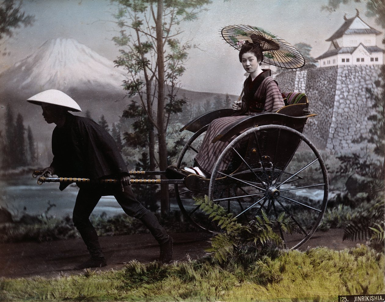 Młoda Japonka w rikszy, ok. 1890 (kolorowe zdjęcie) autorstwa Kusakabe Kimbei