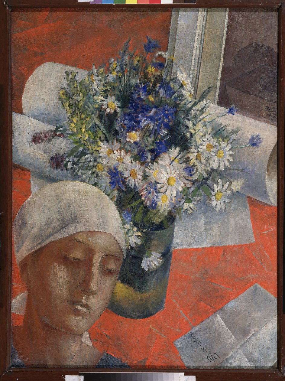 Kwiaty i głowa kobiety. Obraz Kuzmy Sergeevich Petrov Vodkin (Petrov-Vodkin) (Kouzma Petrov Vodkin) (Petrov-Vodkin) (1878-1939), olej na płótnie autorstwa Kuzma Sergeevich Petrov Vodkin