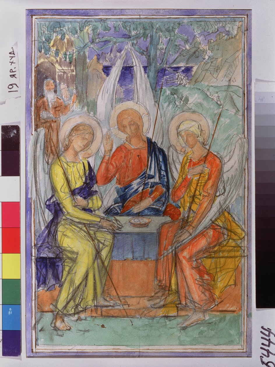 Święta trójca. Przedstawienie trzech aniołów, które ukazały się Abrahamowi w pobliżu Chene de Mambre. Praca Kuzmy Sergeyevich Petrov Vodkin (Petrov-Vodkin) (Kouzma Petrov Vodkin) (Petrov-Vodkin) (1878-1939), akwarela na papierze autorstwa Kuzma Sergeevich Petrov Vodkin