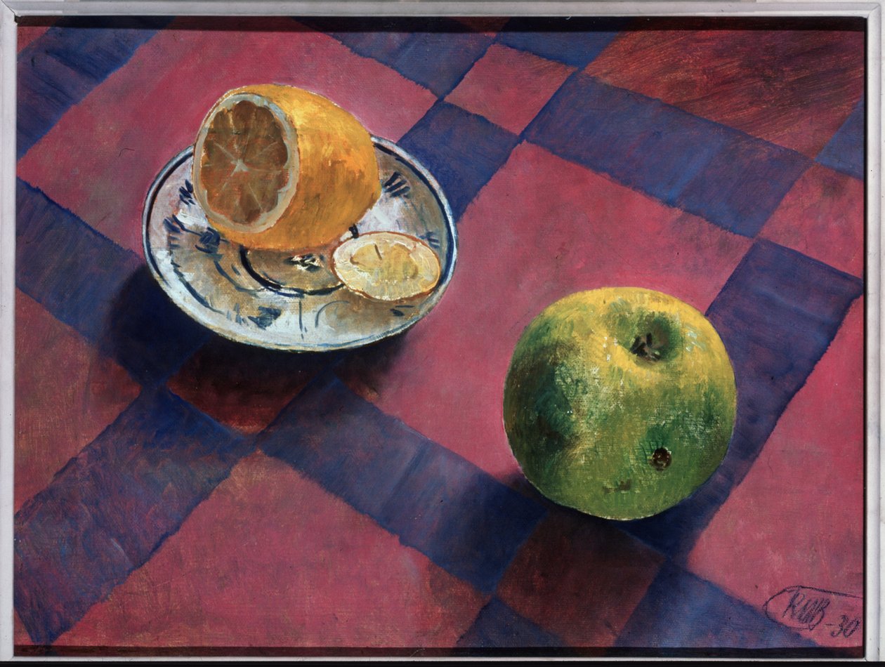 Jabłko i cytryna. (Jabłko i Cytryna). Obraz Kuzmy Sergeevich Petrov Vodkin (Petrov-Vodkin) (Kouzma Petrov Vodkin) (Petrov-Vodkin) (1878-1939), olej na płótnie autorstwa Kuzma Sergeevich Petrov Vodkin