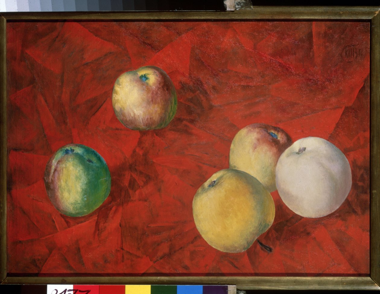 Jabłka na czerwonym tle. (Jabłka Na Czerwonym Tle). Obraz Kuzmy Sergeyevich Petrov Vodkin (Petrov-Vodkin) (Kouzma Petrov Vodkin) (Petrov-Vodkin) (1878-1939), olej na płótnie autorstwa Kuzma Sergeevich Petrov Vodkin