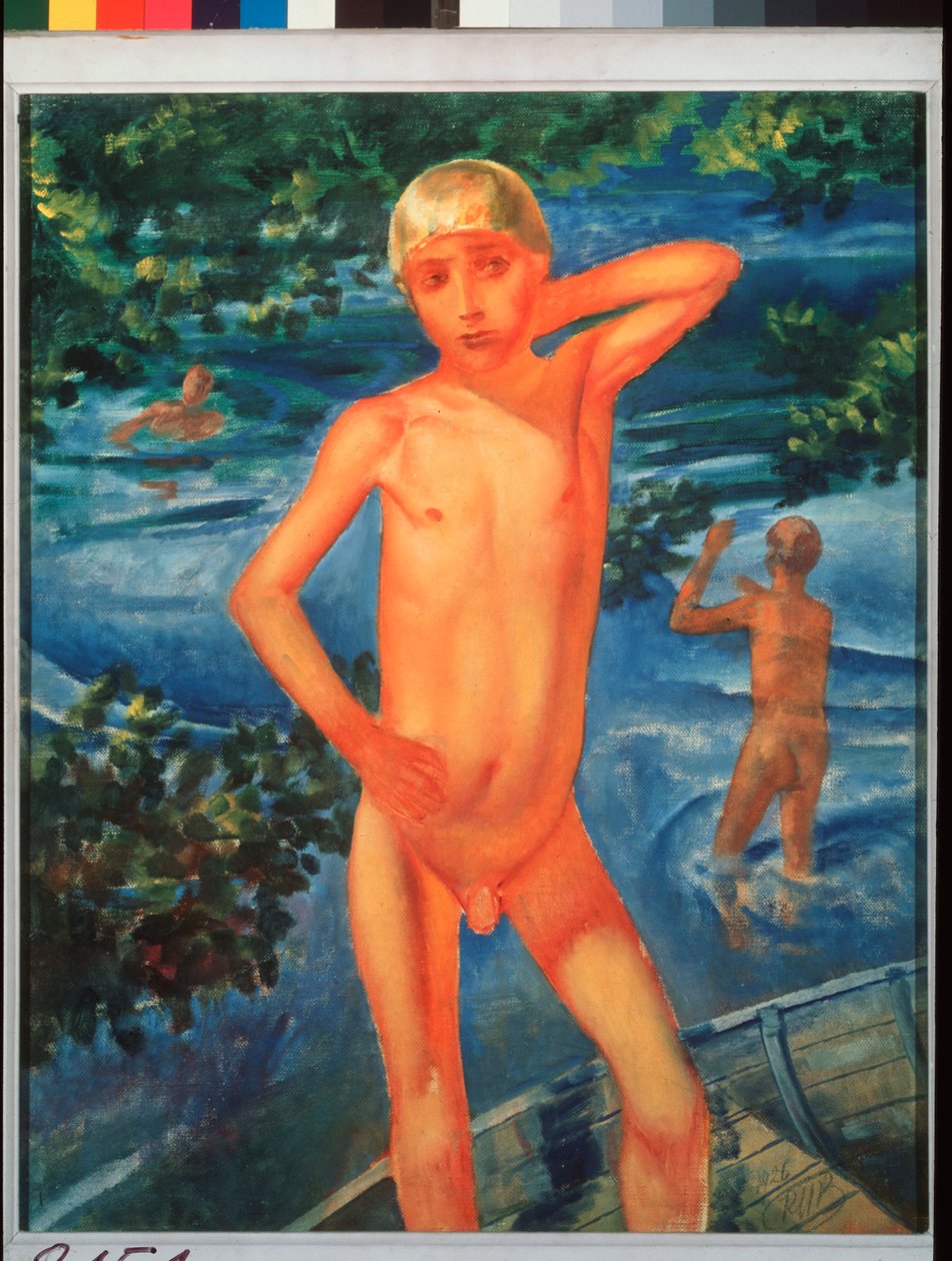 Kąpiel chłopców. Obraz Kuzmy Sergeevich Petrov Vodkin (Petrov-Vodkin) (Kouzma Petrov Vodkin) (Petrov-Vodkin) (1878-1939), olej na płótnie autorstwa Kuzma Sergeevich Petrov Vodkin