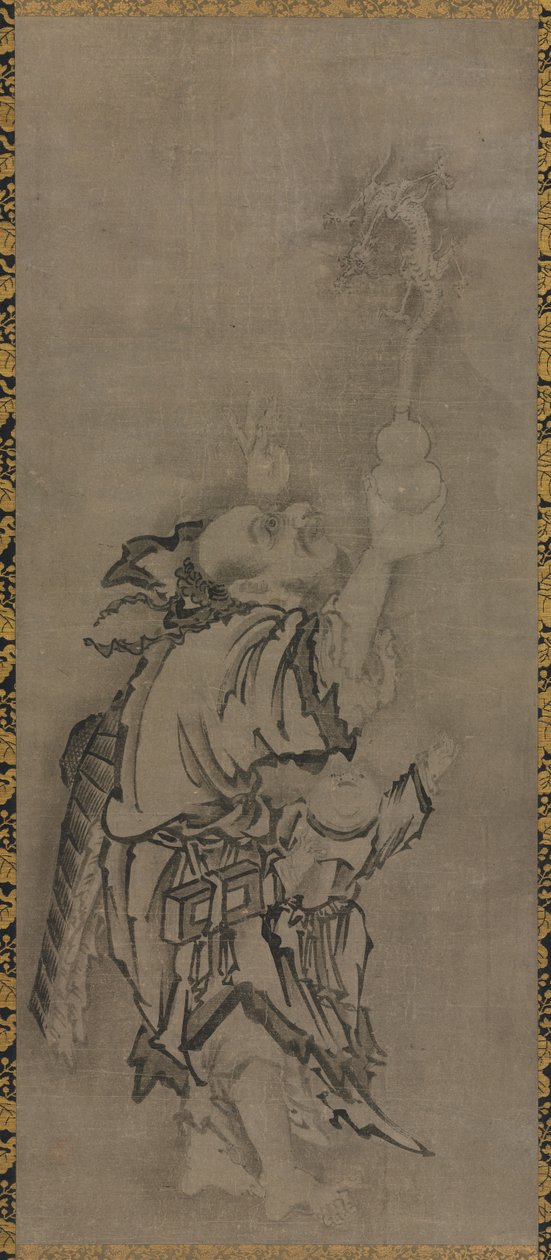 Hotei z taoistycznymi nieśmiertelnymi: Nieśmiertelny z tykwą i smokiem 1575-1600. autorstwa Kyūseki Tomonobu