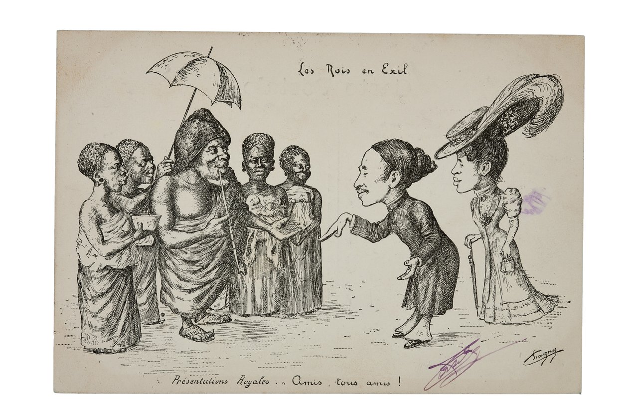 Królowie na wygnaniu. Królewskie prezentacje: Przyjaciele, wszyscy przyjaciele!, ok. 1906 autorstwa L. Chagny
