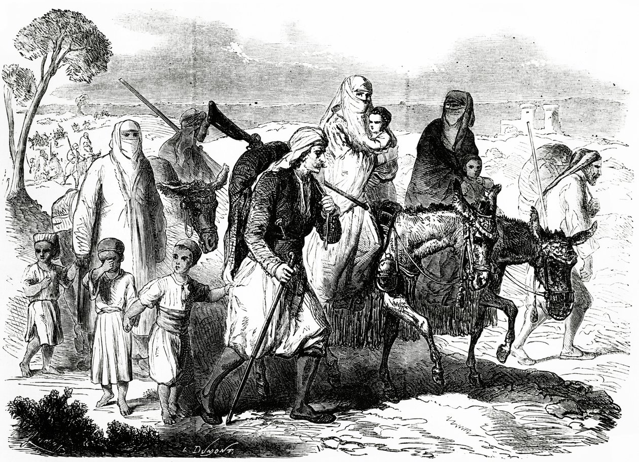 Chrześcijanie z Damaszku emigrujący do Bejrutu, ilustracja z Le Monde Illustré, 24 listopada 1860 autorstwa L. Dumont
