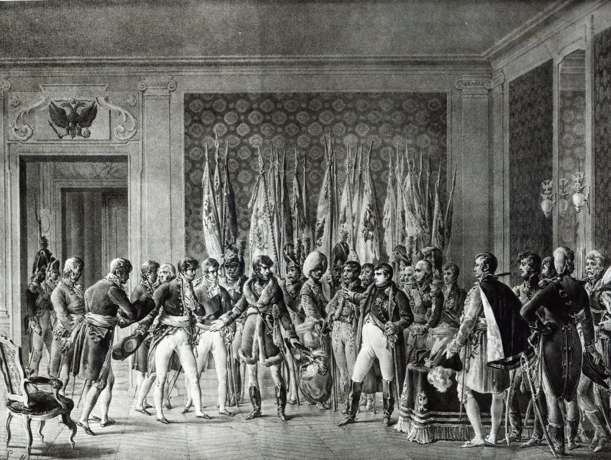 Napoleon przekazuje flagi zdobyte pod Austerlitz w 1805 roku burmistrzom Paryża odwiedzającym go w Schonbrunn autorstwa L. Marin