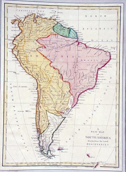 A New Map of South America, zaczerpnięta z najnowszych odkryć, strona 75 z Descriptive Letters and Drawings, tom 1 Jamesa Forbesa, opublikowanej w Londynie, 1794 (ręcznie kolorowane grawerowanie) autorstwa L. Puke