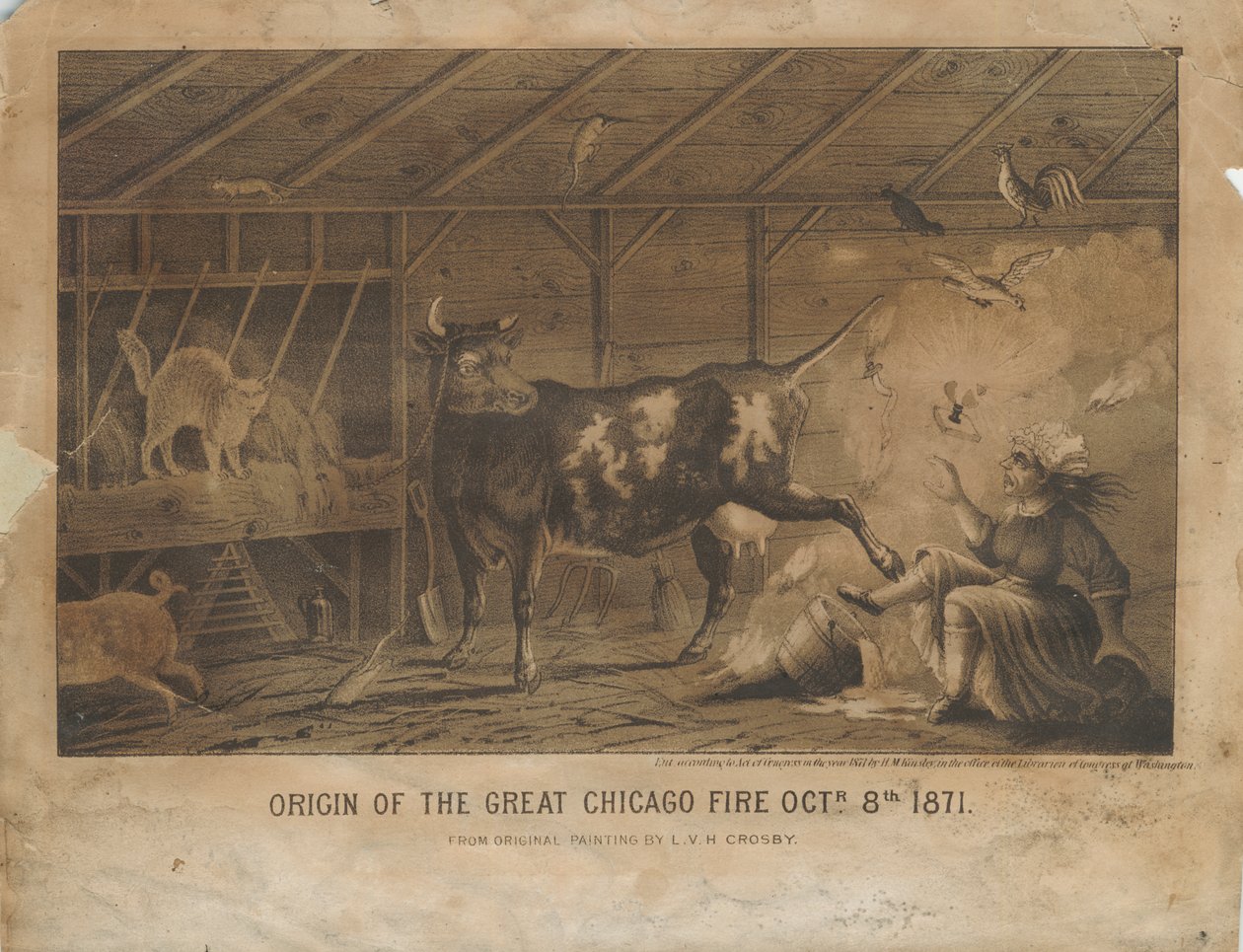 Pochodzenie Wielkiego Pożaru Chicago 8 października 1871, c.1872 autorstwa L. V. H. after Crosby