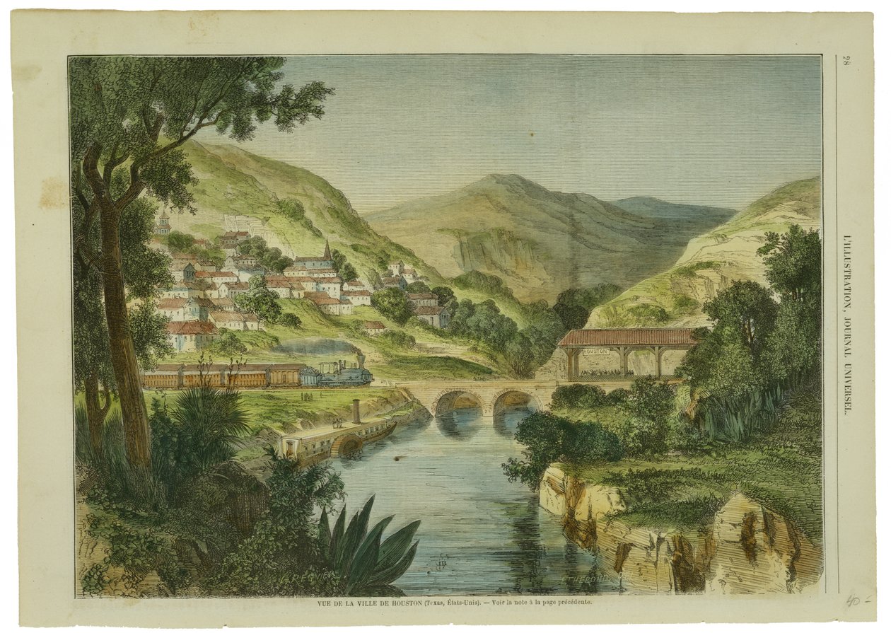 Vue de la Ville de Houston, c. 1855-1865 (drewnoryty ręcznie barwione na papierze tkanym z pulpy drzewnej) autorstwa L. after Regnier
