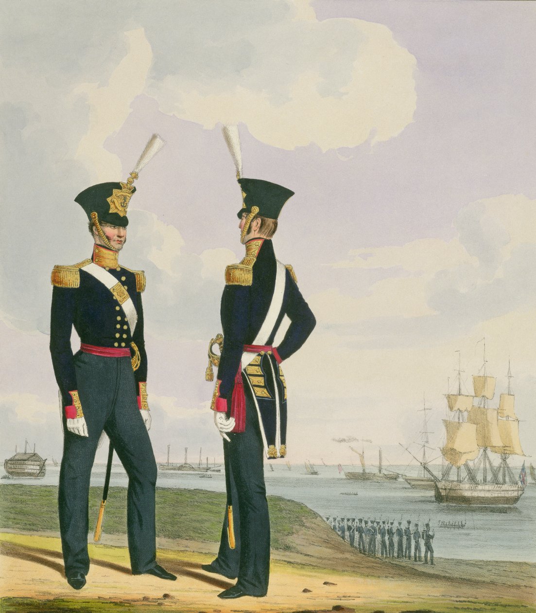 Chirurdzy, tablica 6 z "Costume of the Royal Navy and Marines", rycina wykonana przez artystów, ok. 1830-37 r. autorstwa L. and Eschauzier, St. Mansion