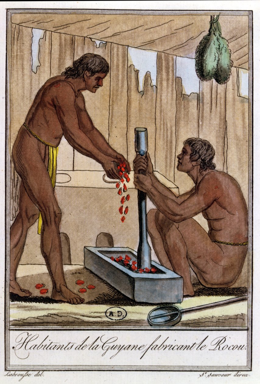 Mieszkańcy Gujany Francuskiej przygotowujący Annatto, z "Encyclopedie des Voyages" Jules Grasset de Saint-Sauveur (1757-1810) 1796 autorstwa L.F. Labrousse