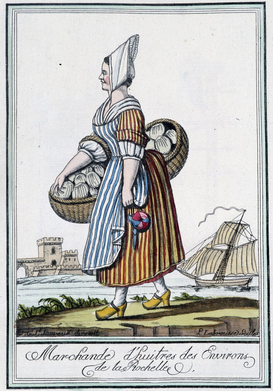 Kupiec ostryg wokół La Rochelle (Charente Maritime) - w „” Encyklopedii podróży” J. Grasset St Sauveur, Deron, Paryż autorstwa L.F. Labrousse