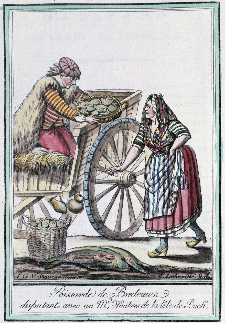 Poissaarde de Bordeaux spiera się z kupcem ostryg z głowy Buch - w „Encyklopedii podróży” J. Grasset St Sauveur, Deron, Paryż autorstwa L.F. Labrousse