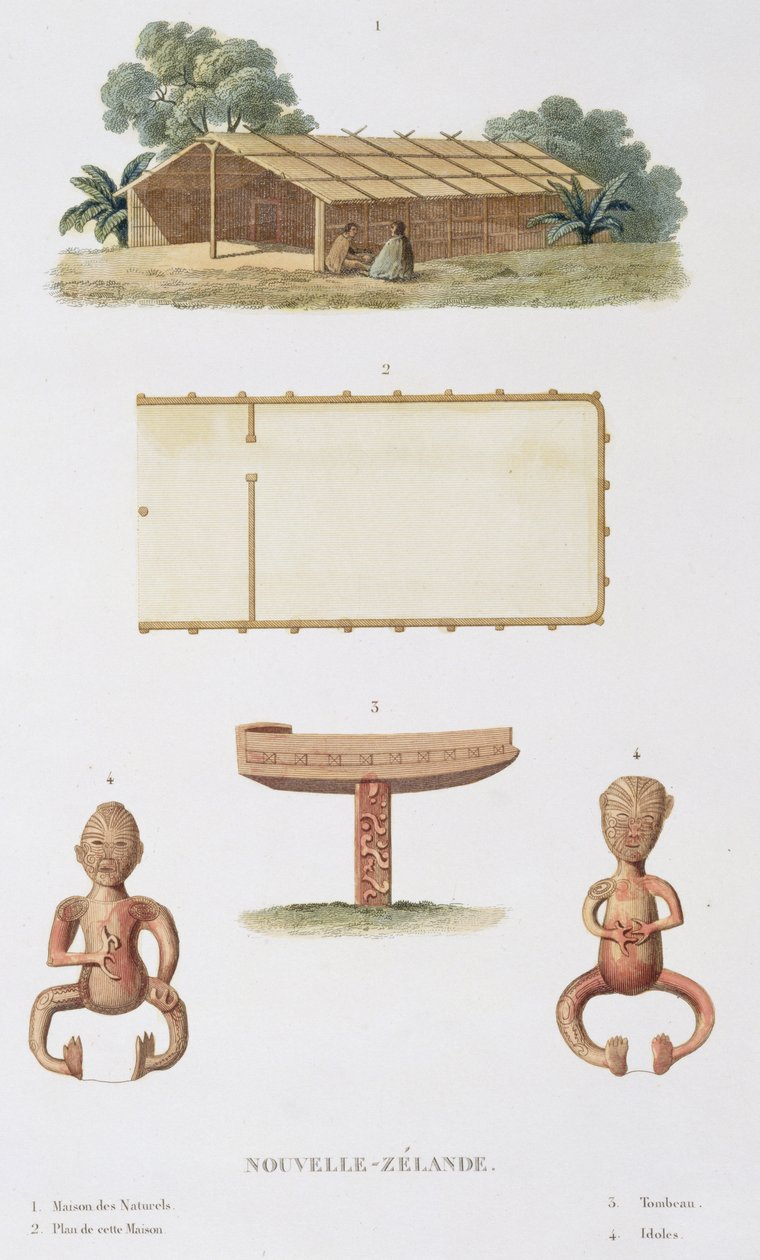Dom duchów w Nowej Zelandii z Podróży dookoła świata, wykonany przez Zakon Króla na La Corvette de Sa Majeste, La Coquille w latach 1822, 1823, 1824 i 1825 przez Louisa Isidore