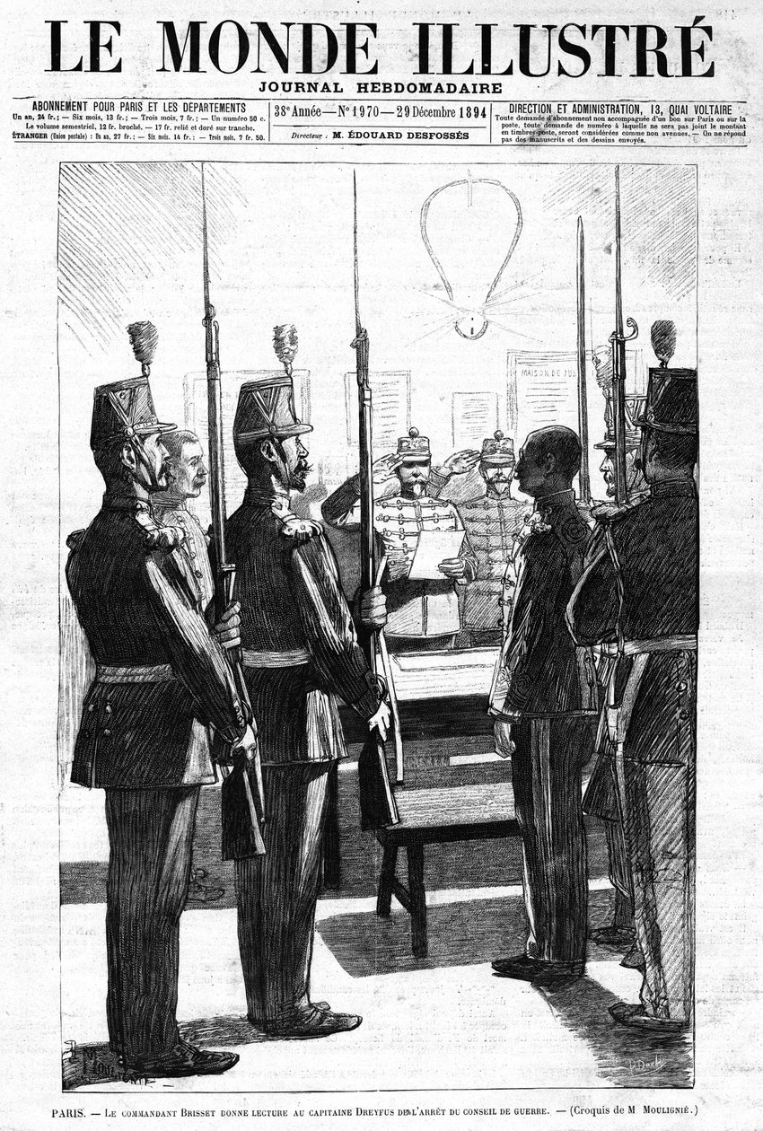 Dowódca odczytał kapitanowi Alfredowi Dreyfusowi aresztowanie Rady Wojennej w Paryżu. Szkic pana de Moulignie. W „Le Monde Illustré” Tygodnik nr 1970 z 29 grudnia 1894 r. autorstwa L. Moulignie