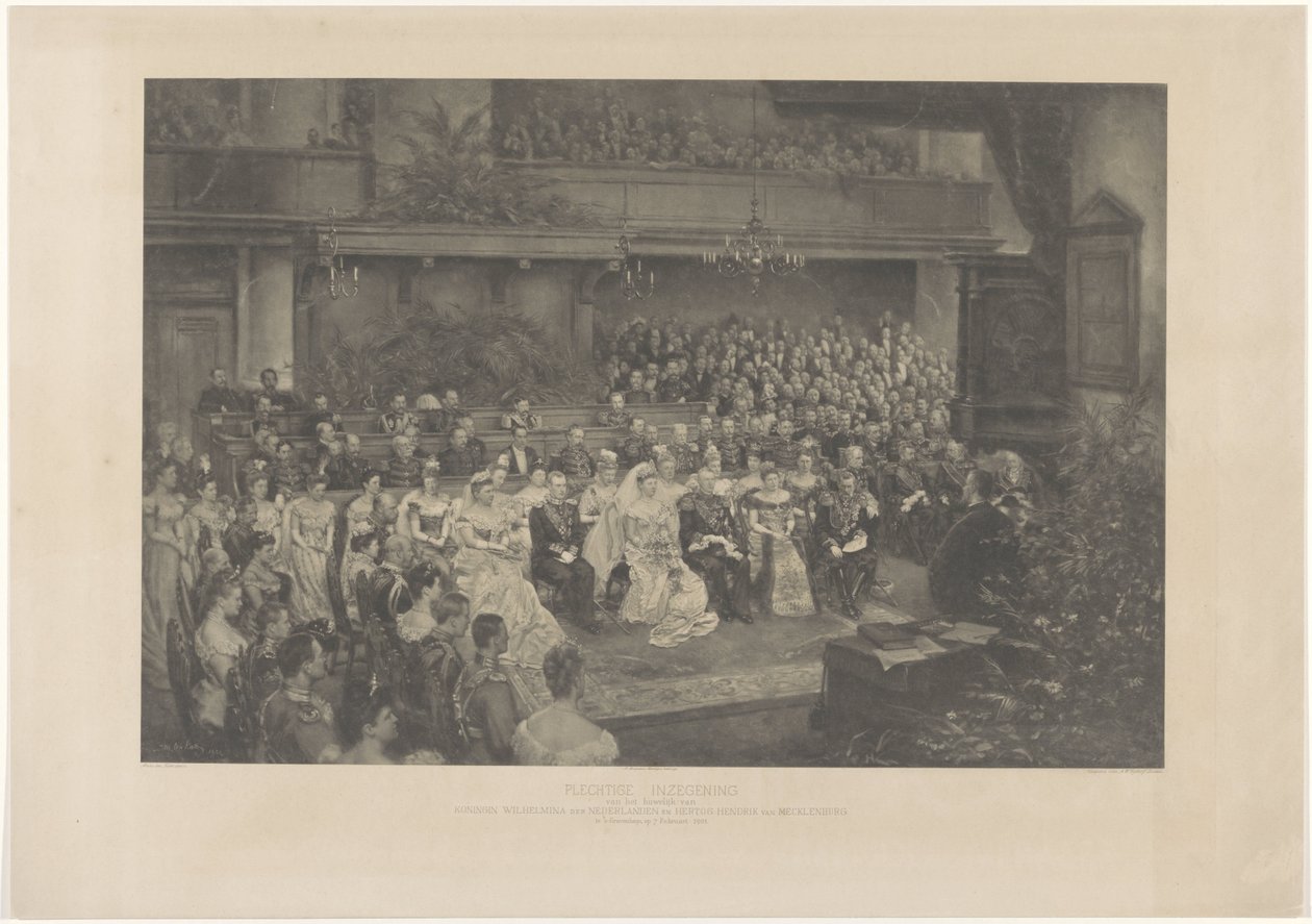 Uroczyste Błogosławieństwo zaślubin królowej Holandii Wilhelminy i księcia Henryka Meklemburskiego w Hadze dnia 7 lutego 1901 r. (tytuł na obiekcie) autorstwa L. Angerer