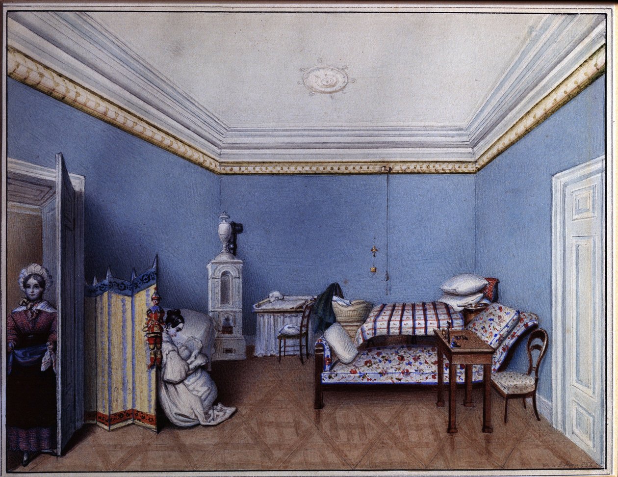„W sypialni” Akwarela L. Herna (XIX w.) 1835 Muzeum Pamięci A. Puszkina, Sankt Petersburg autorstwa L. Hern